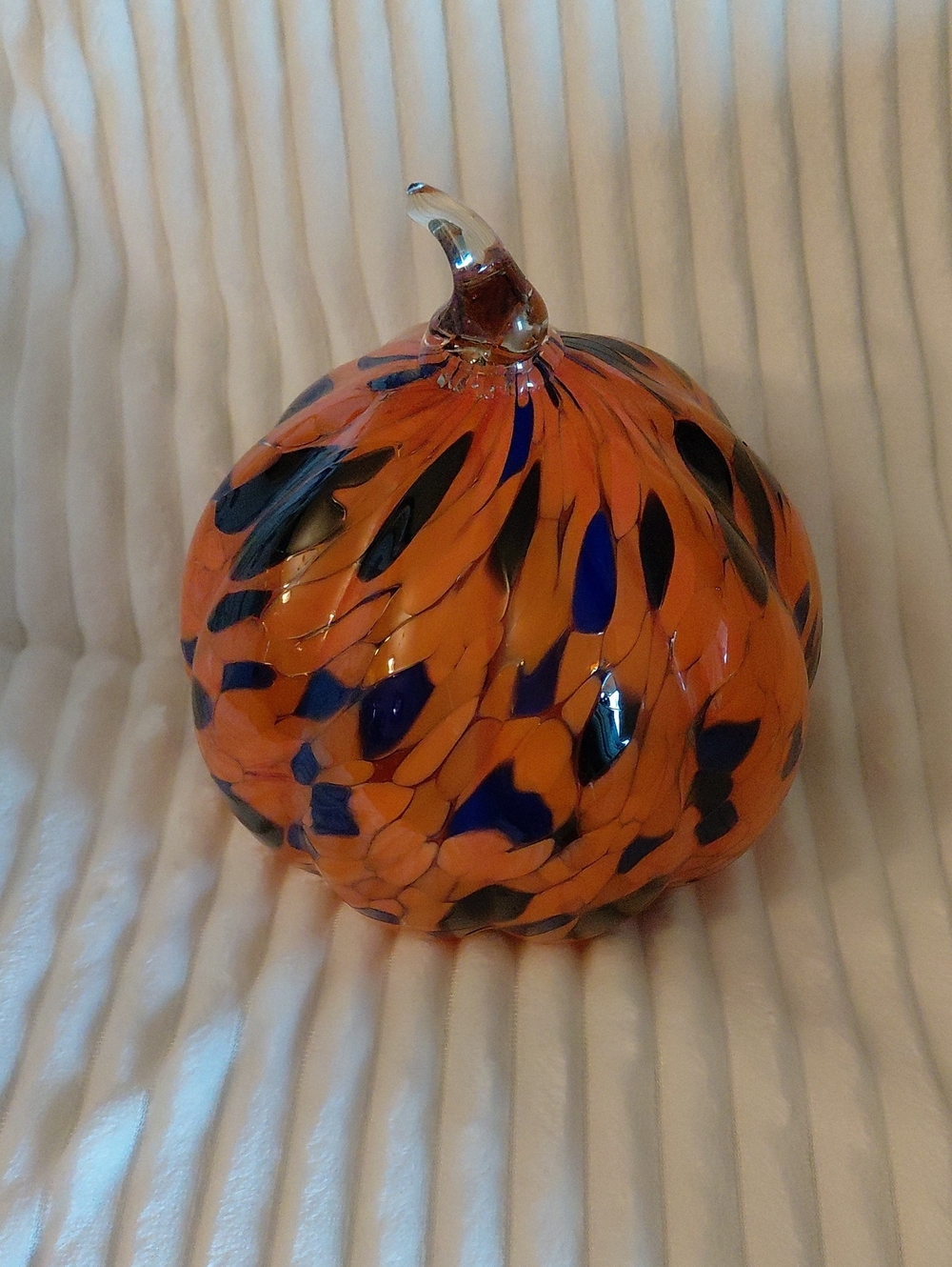Hand-Blown Pumpkin Glass Art Sculpture Orange and Blue. New Condition